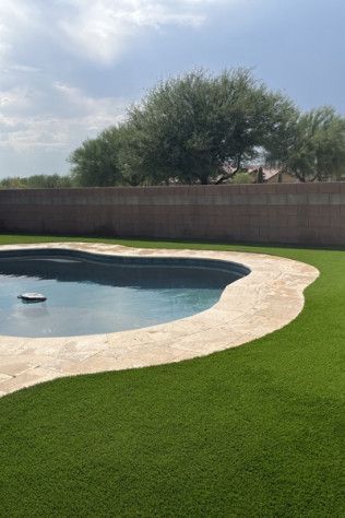 A swimming pool surrounded by a lush green lawn in a backyard.
