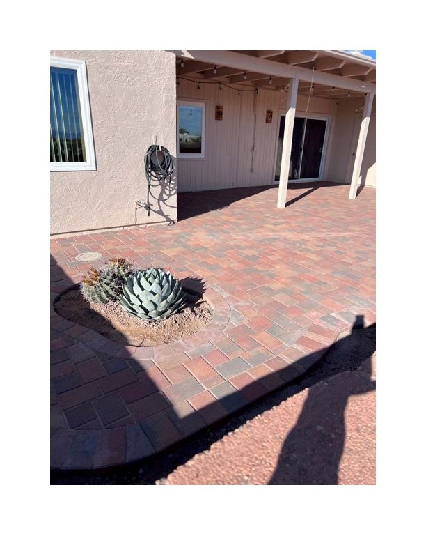 A brick patio with a plant in the middle of it in front of a house.
