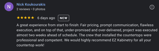 A customer review praising EZ Kabinetry for fair pricing, flawless execution, and professional crew.