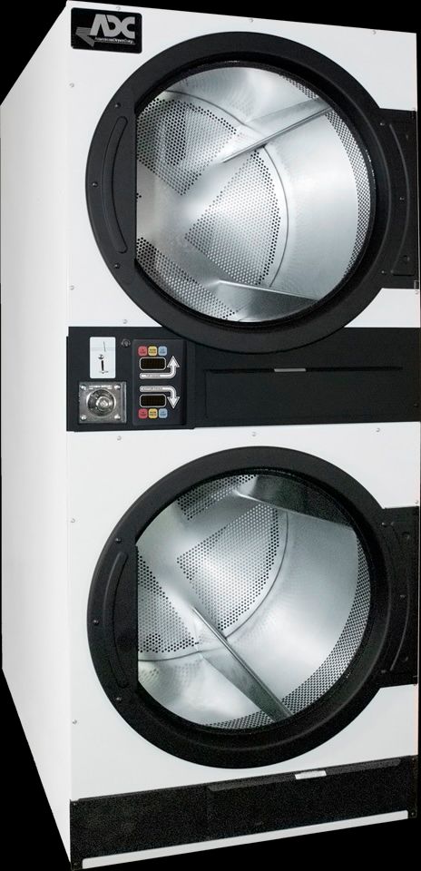 A stack of washers and dryers with a coin slot on the side.