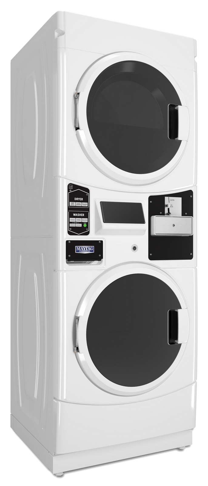 A white washer and dryer stacked on top of each other on a white background.