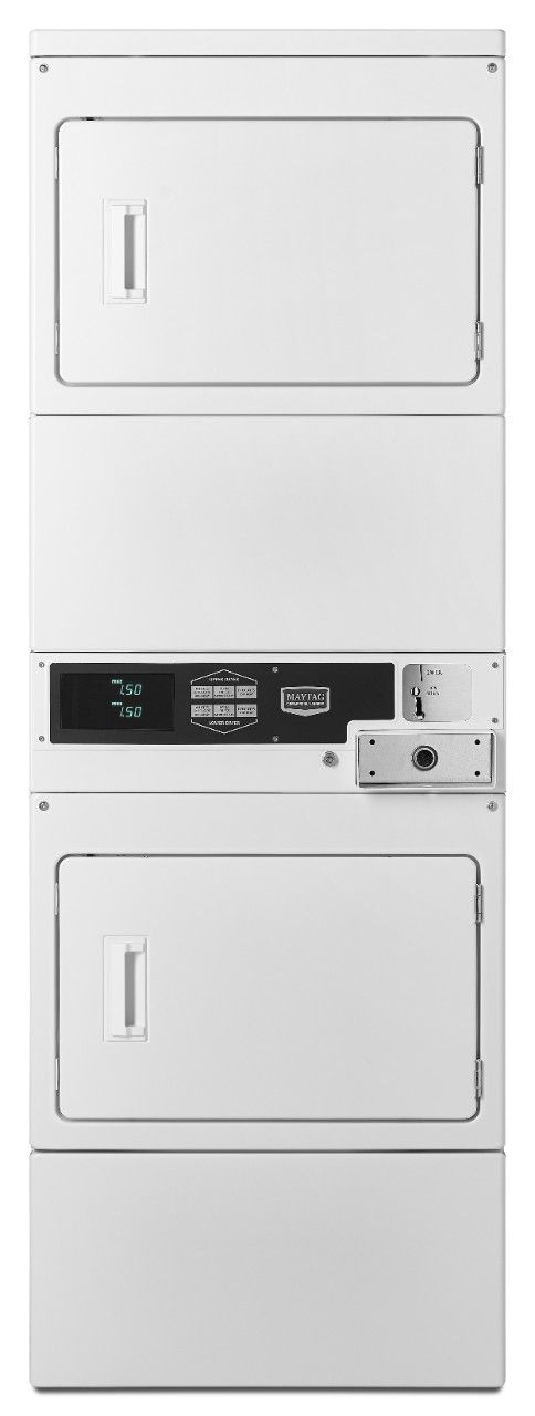 A white washer and dryer stacked on top of each other on a white background.