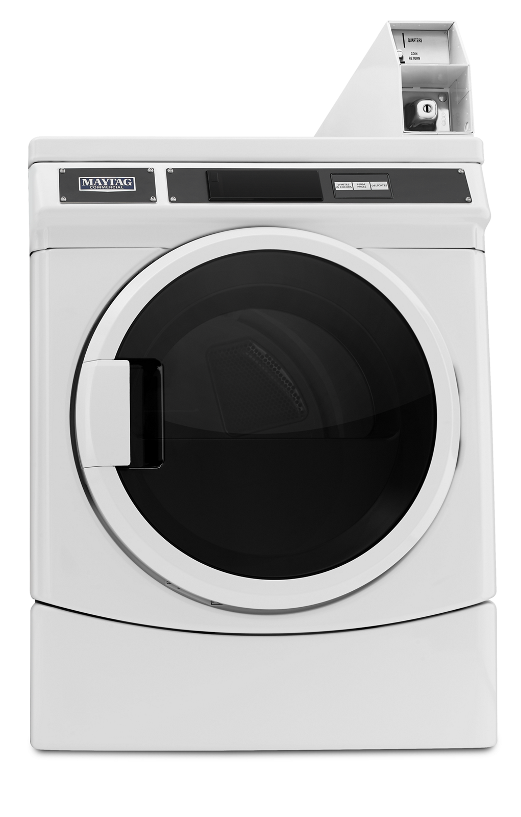 A white washer and dryer with a black door on a white background.