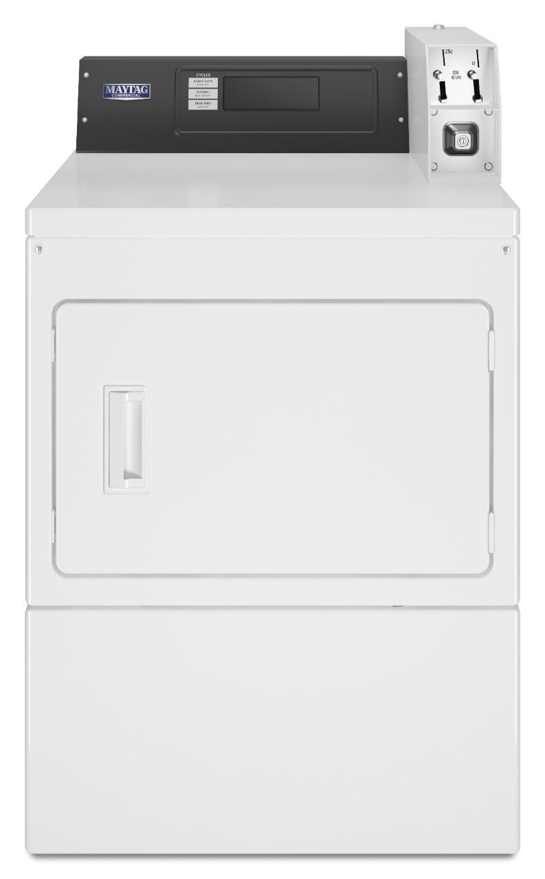 A white washer and dryer with a coin slot on top