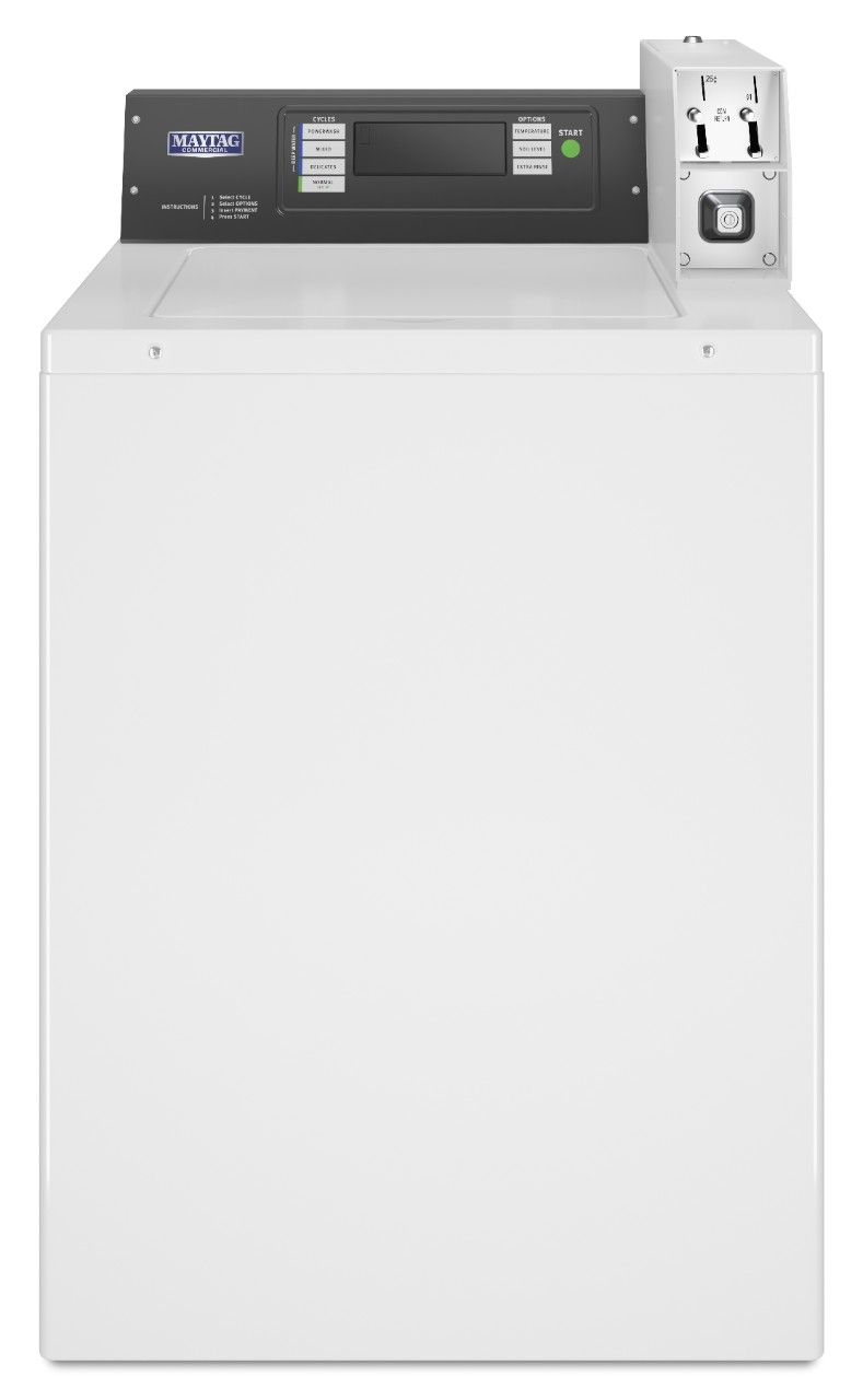 A white washer and dryer with a coin dispenser attached to it