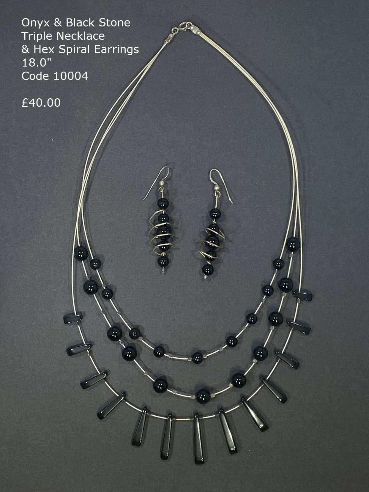 Onyx and Blackstone triple tapered necklace with spiral earrings.