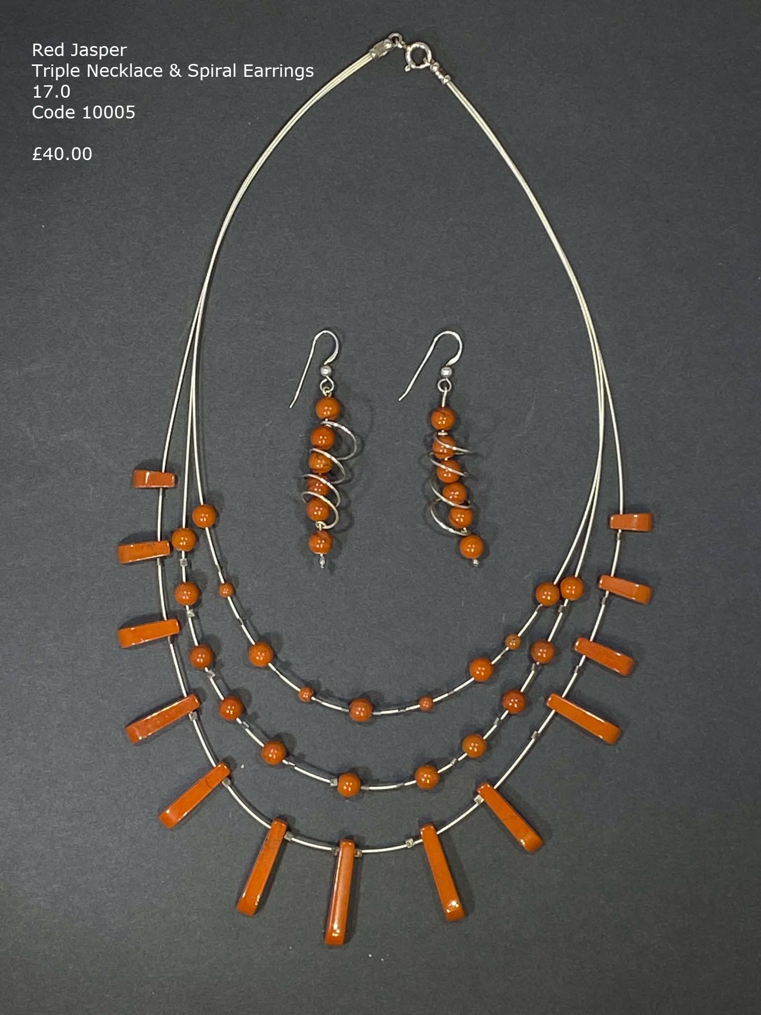 Red Jasper triple tapered necklace with spiral earrings.