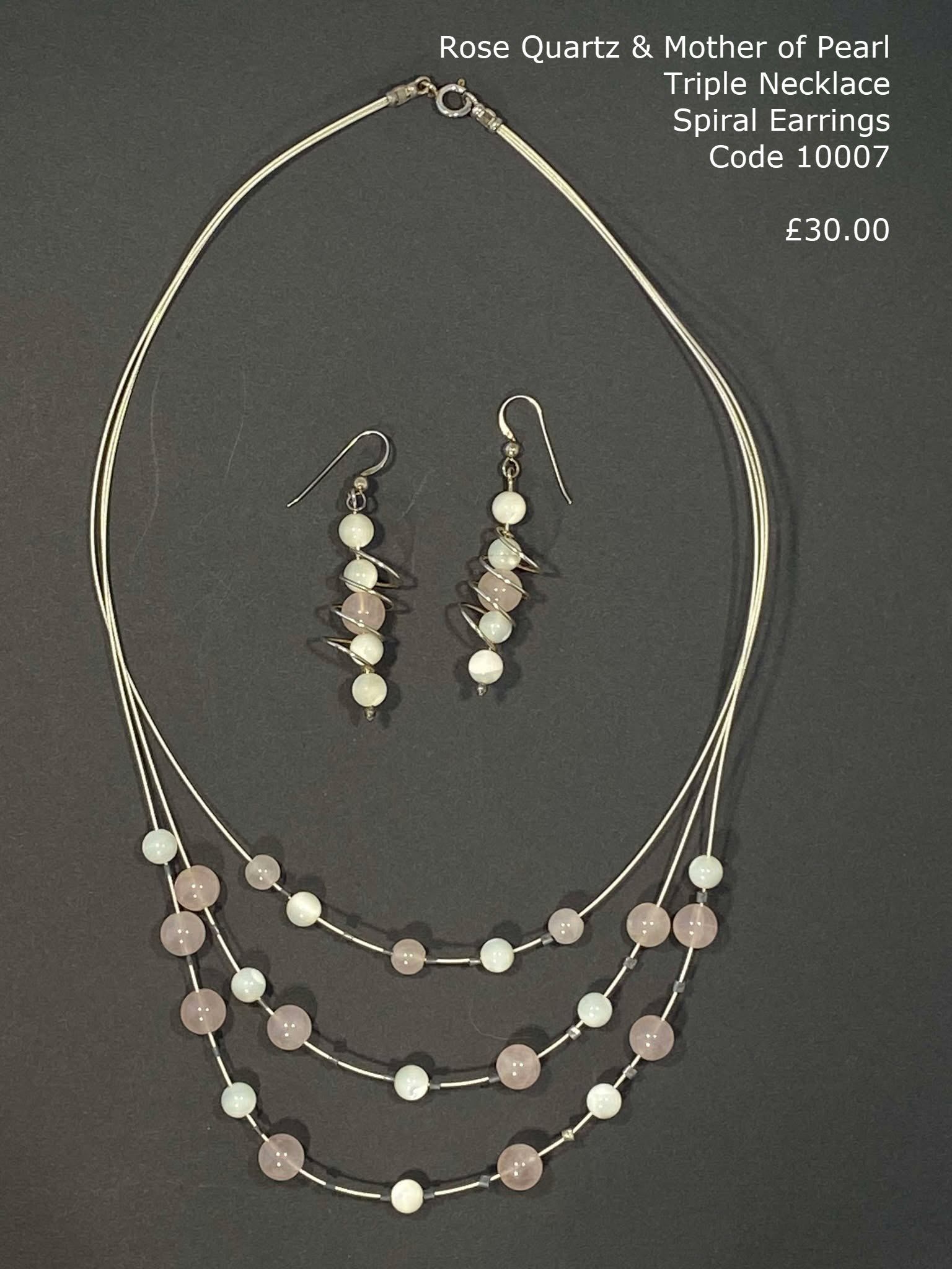 Rose Quartz and Mother of Pearl triple necklace with spiral earrings.