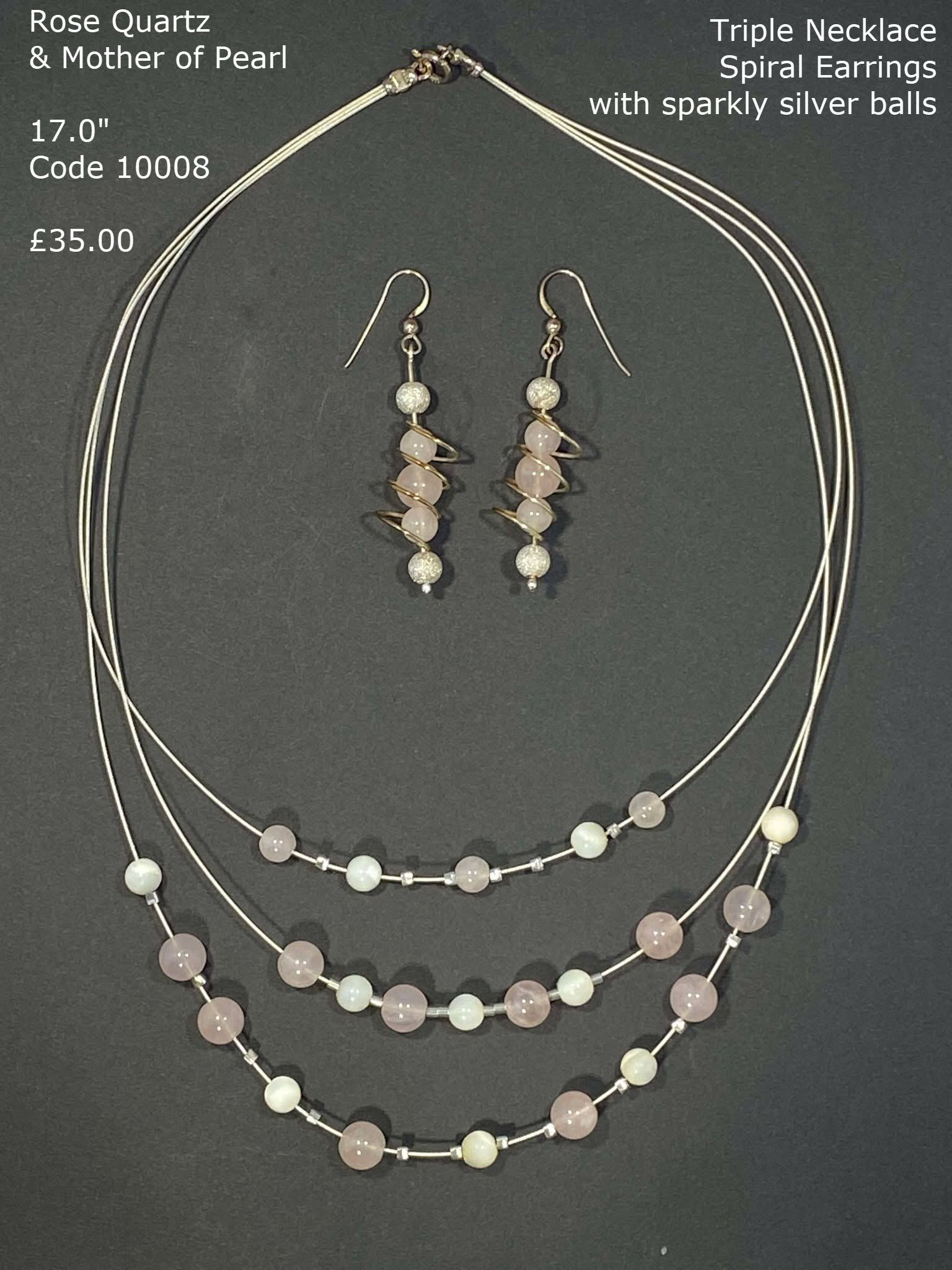Rose Quartz and Mother of Pearl triple necklace with spiral earrings.