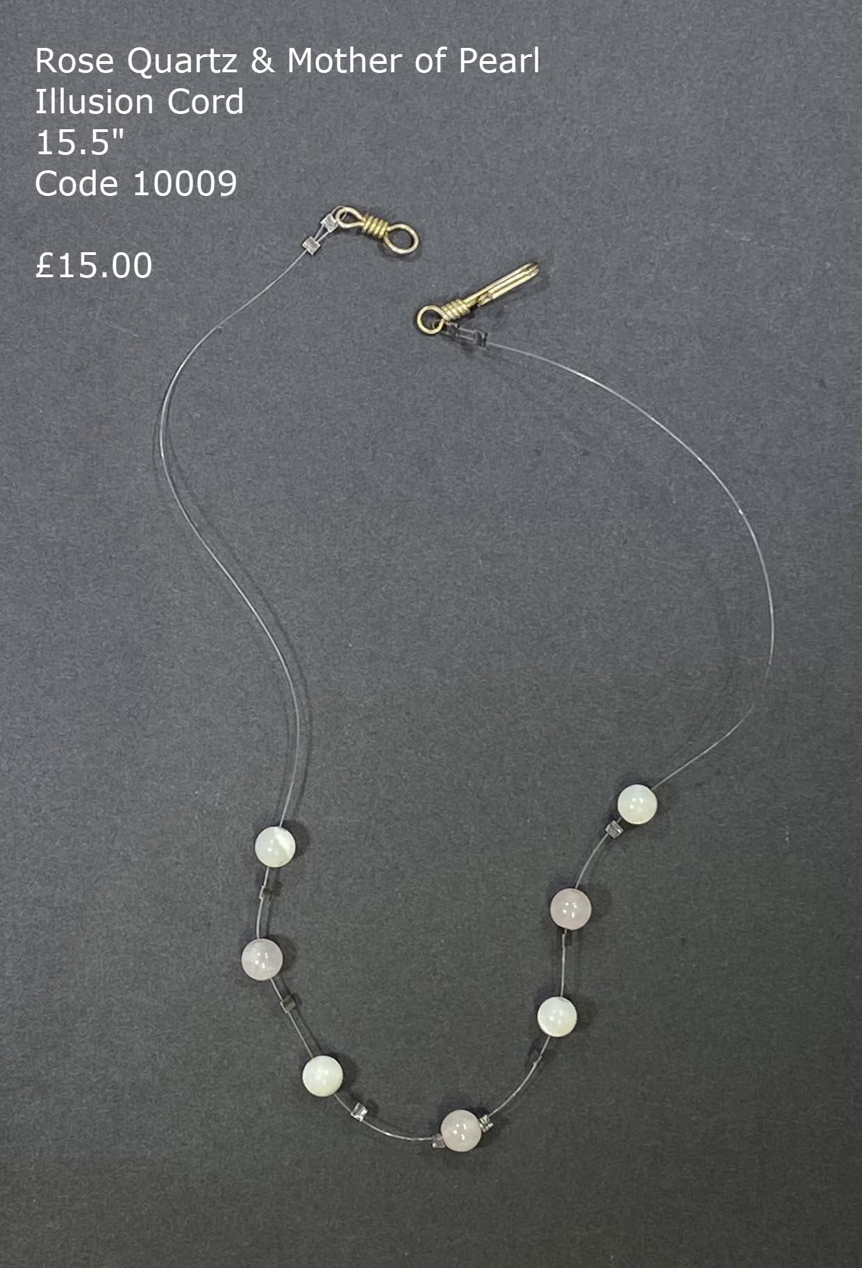 Rose Quartz and Mother of Pearl necklace on illusion cord.