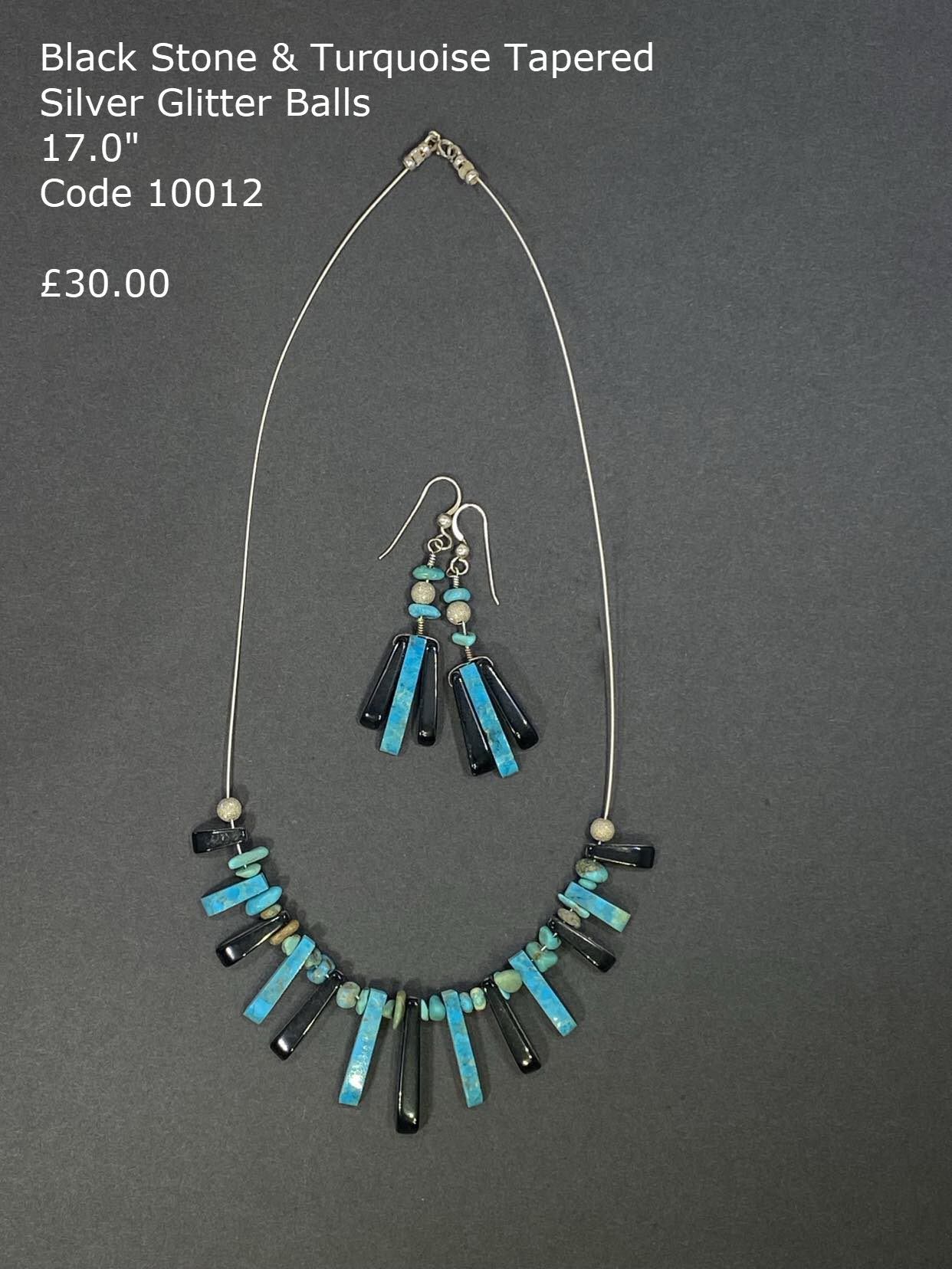Black stone and Turquoise necklace with spiral earrings.