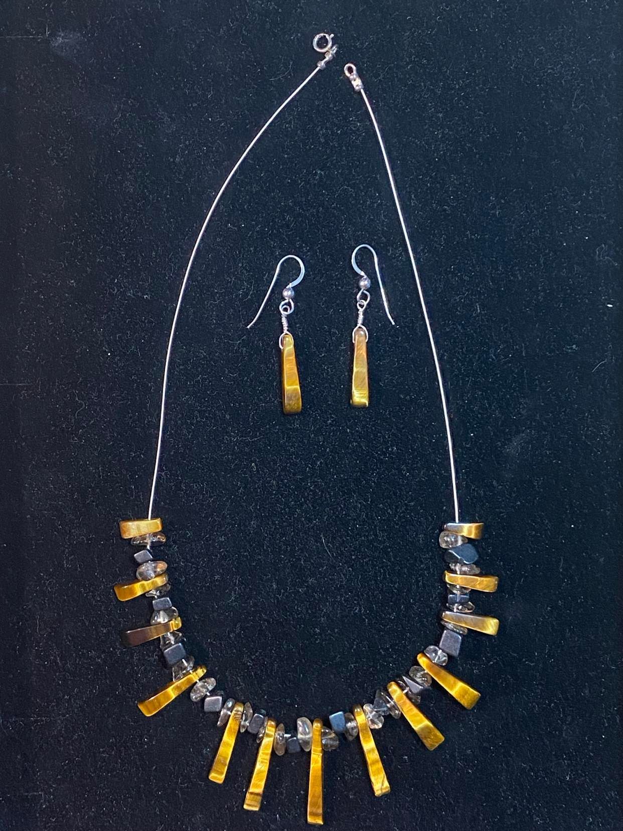 Tigers Eye tapered and Black Stone necklace and tapered earrings