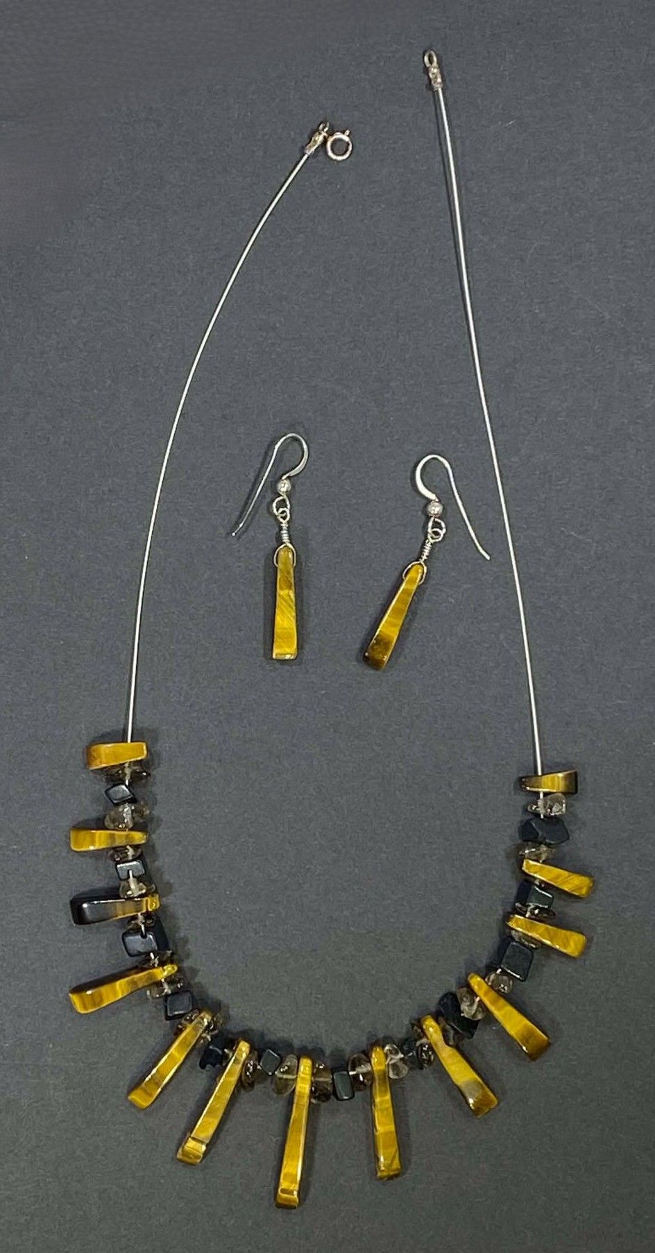 Tigers Eye Gem Stone Tapered Necklace with Black Stone