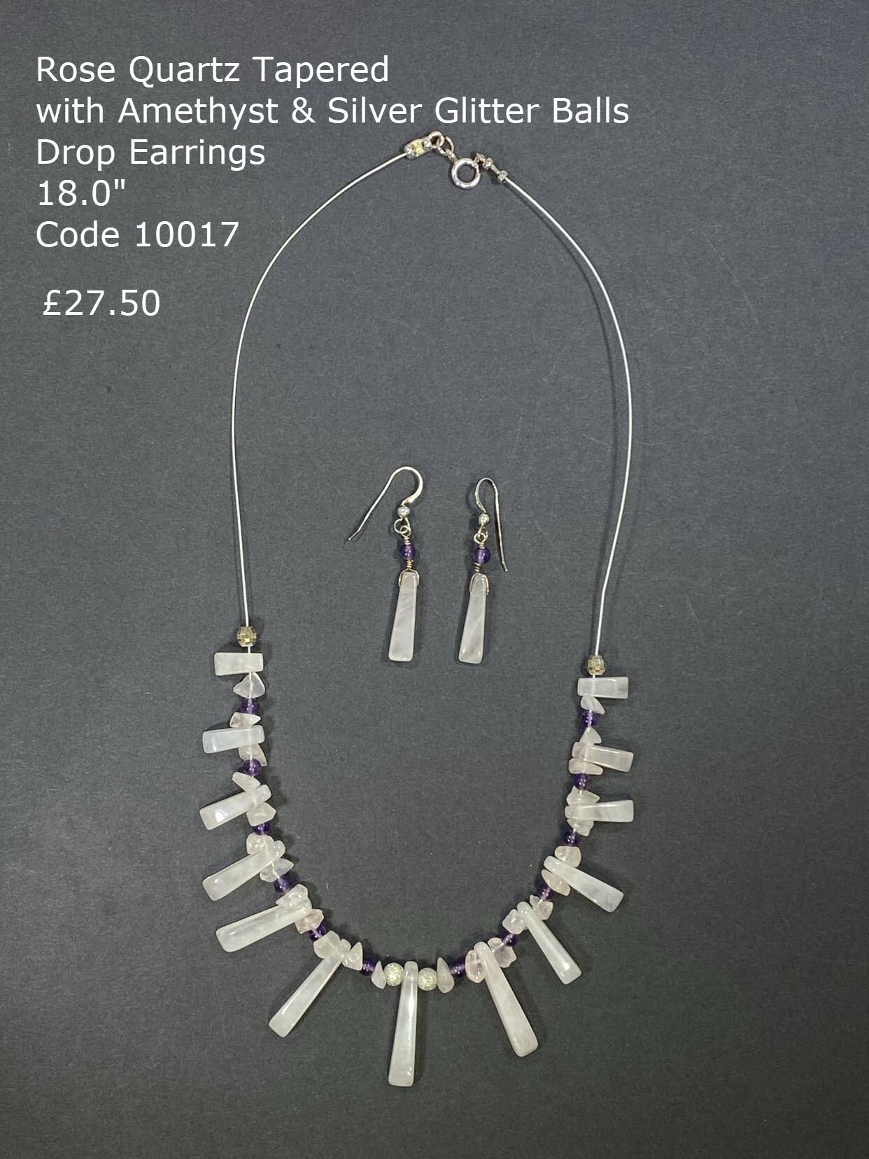 Rose Quartz tapered and Amethyst necklace and Rose Quartz tapered earrings.
