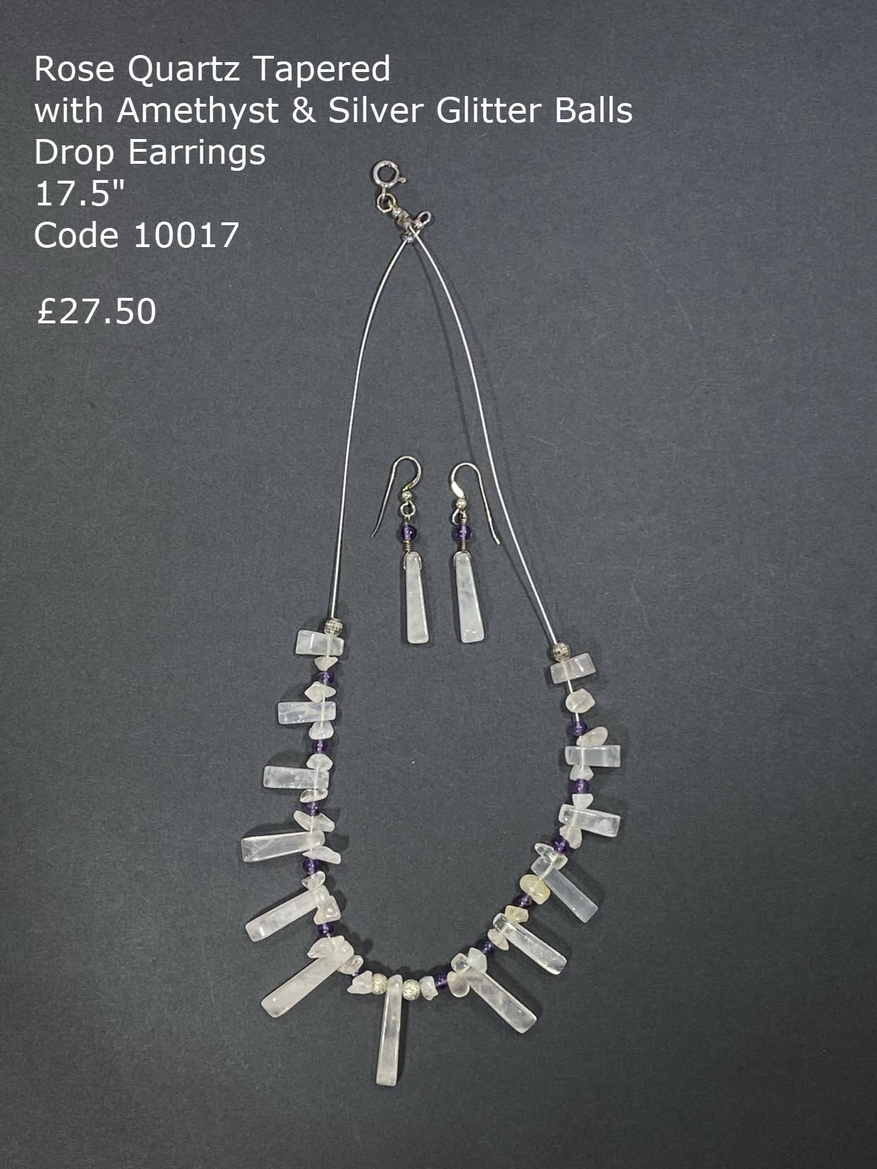 Rose Quartz tapered and Amethyst necklace and Rose Quartz tapered earrings.