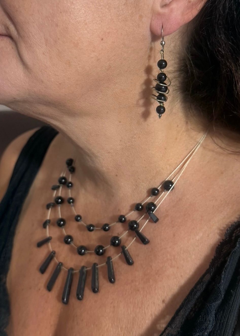 Onyx and Black Stone Triple Necklace