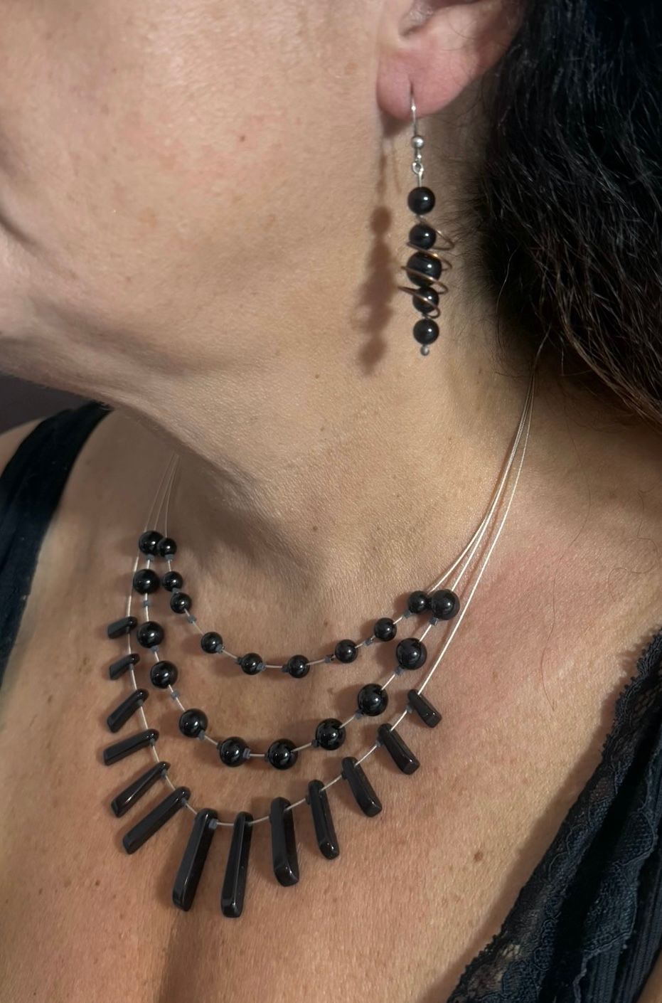 Onyx and Black Stone Triple Necklace