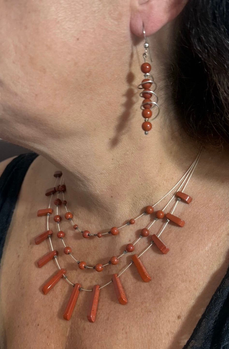 Red Jasper Gem Stone Tapered Triple Necklace