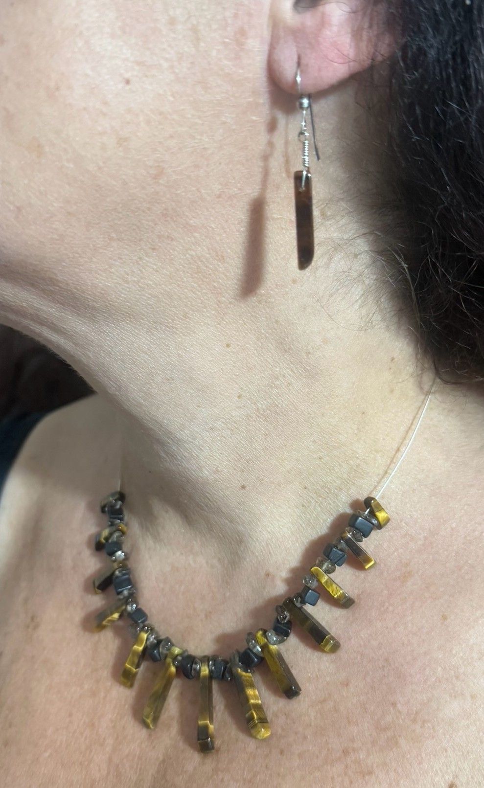 Tigers Eye Gem Stone Tapered Necklace with Black Stone