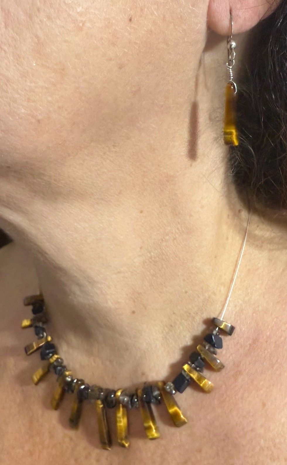 Tigers Eye Gem Stone Tapered Necklace with Black Stone