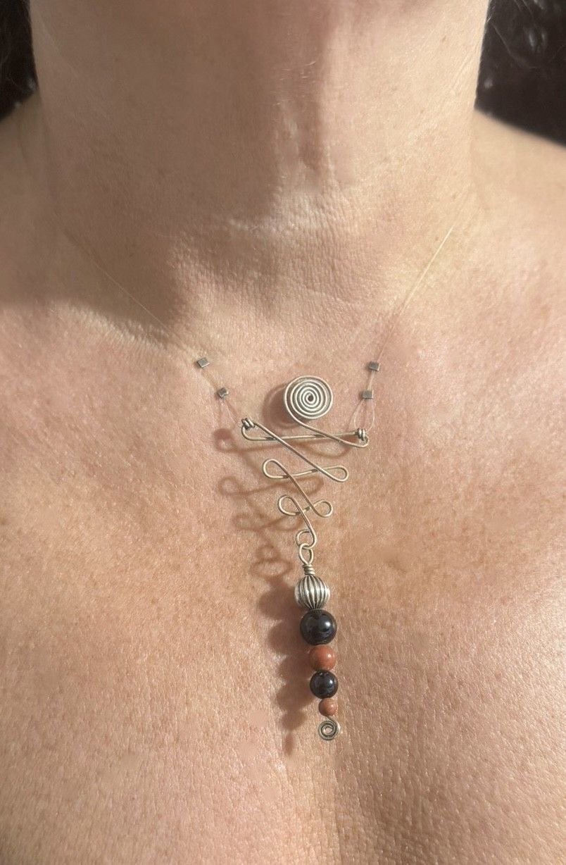 Onyx and Red Jasper with Wire and Sterling Silver Corrugated Round Bead