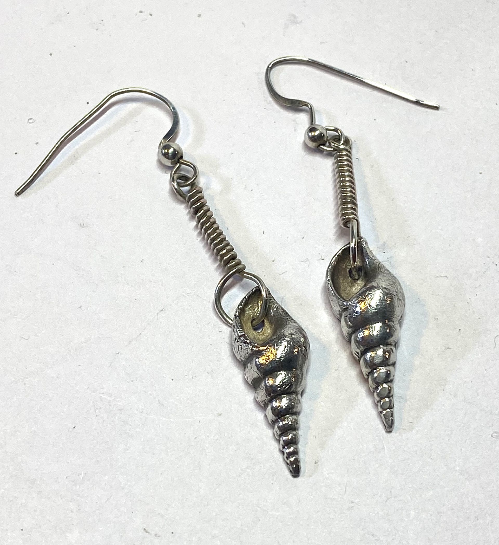 PMC3 silver coiled shell earrings on Stirling silver shepherds crook ear wires