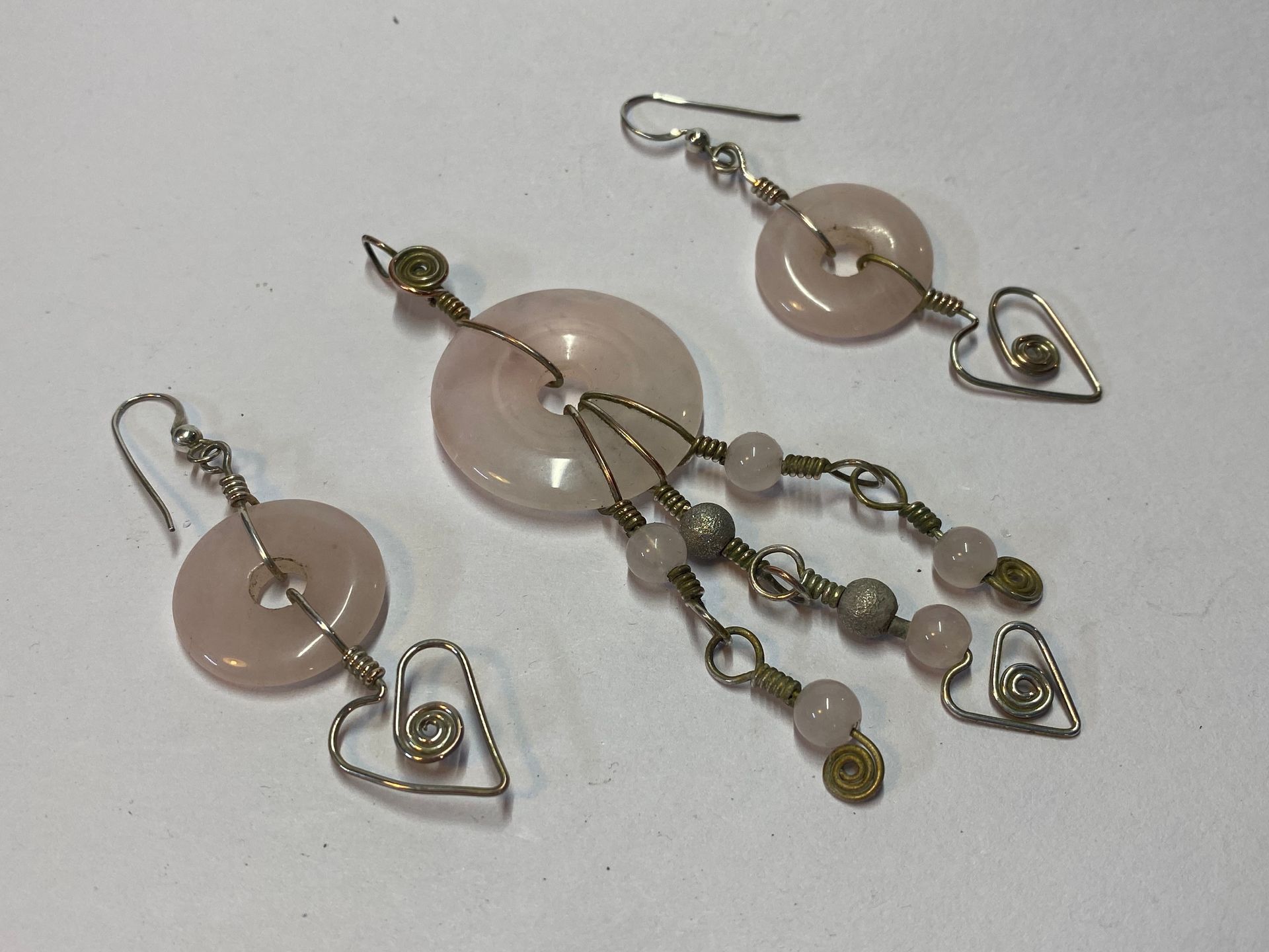 Rose Quartz donuts and beads with silver glitter balls, pendant and earrings set.