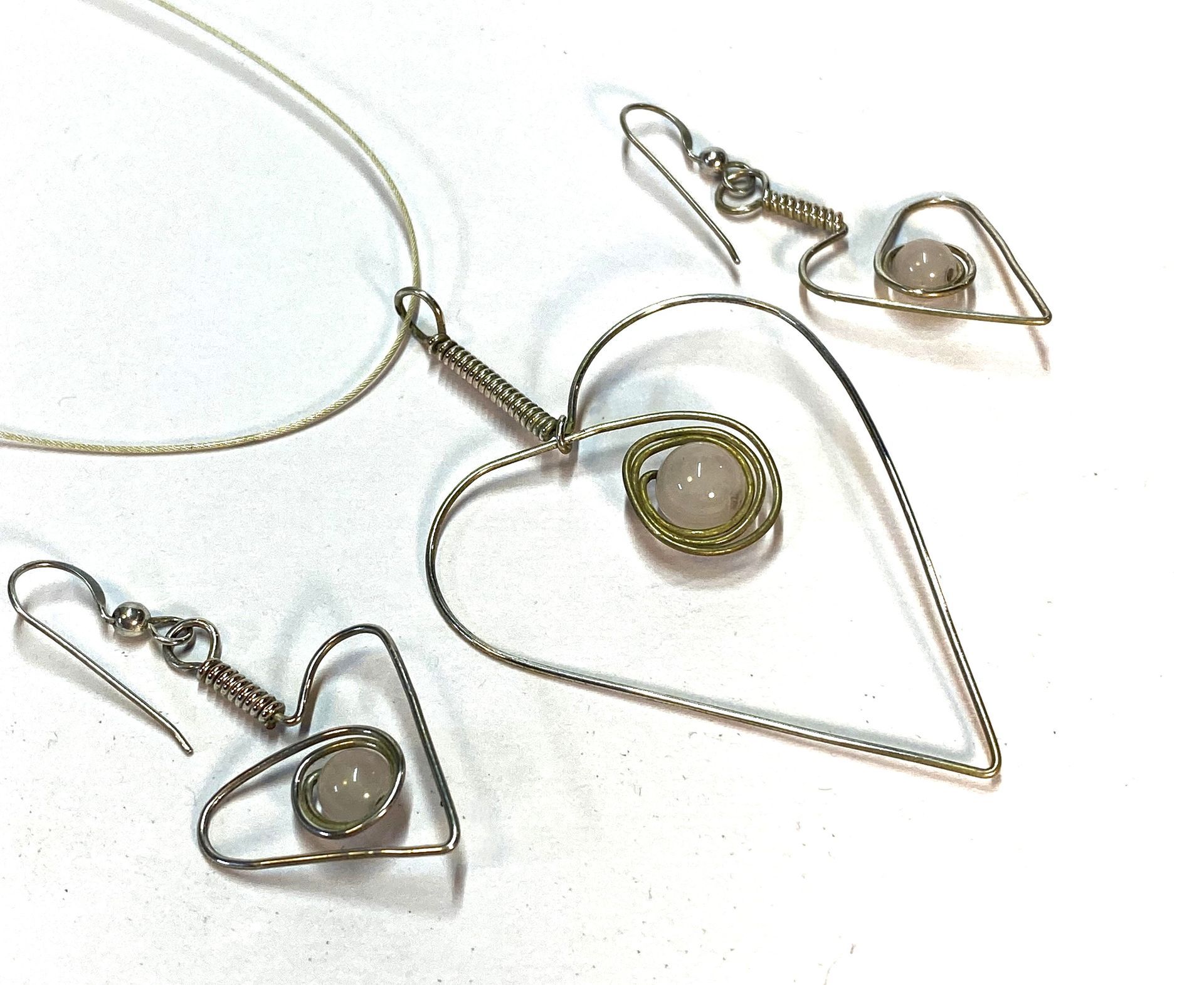Wire hearts with Rose Quartz Beads, necklace and earrings set.