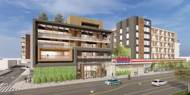 An artist 's impression of a large building next to a street.