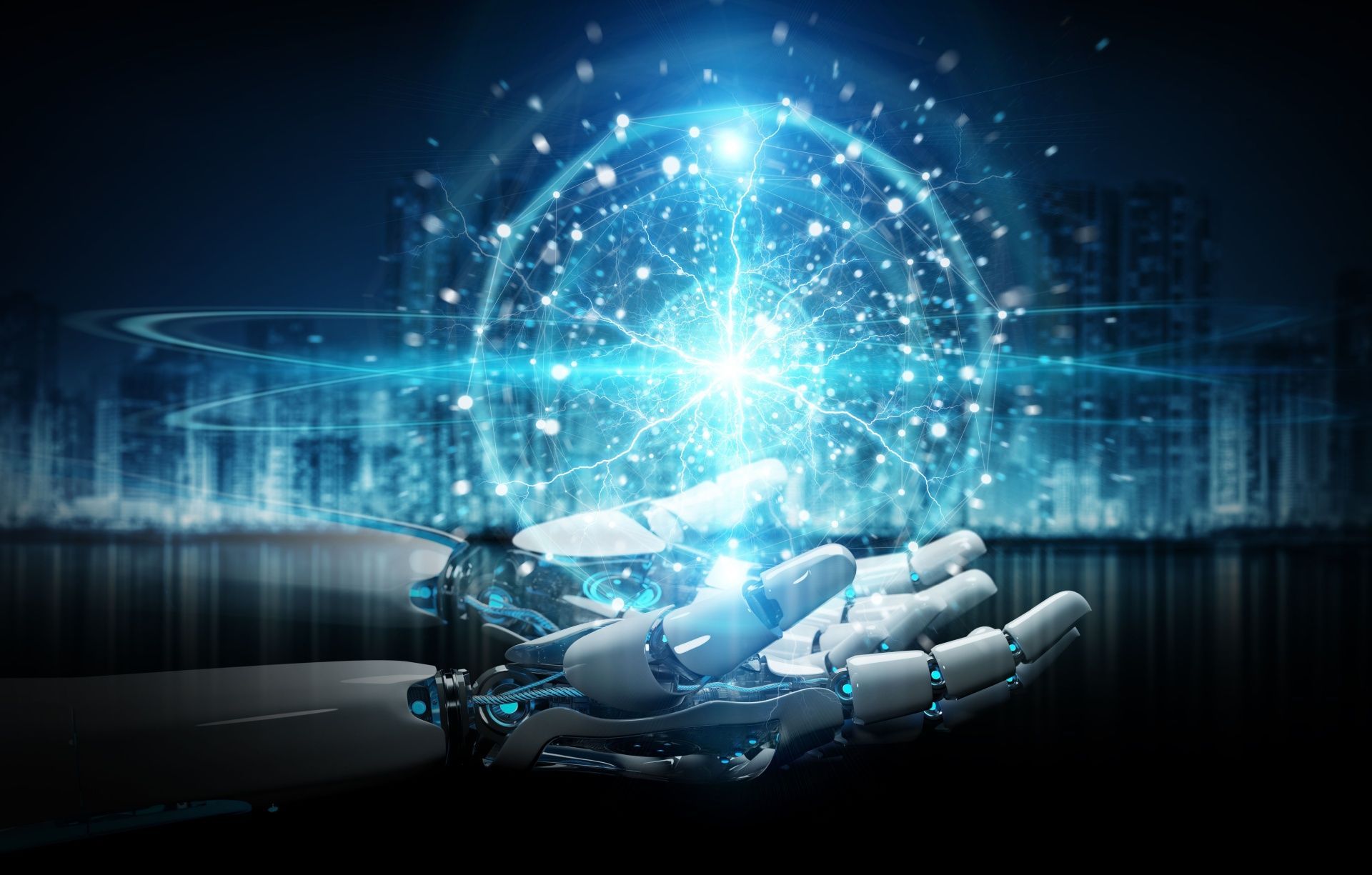 A robotic hand is holding a glowing sphere in its hands.