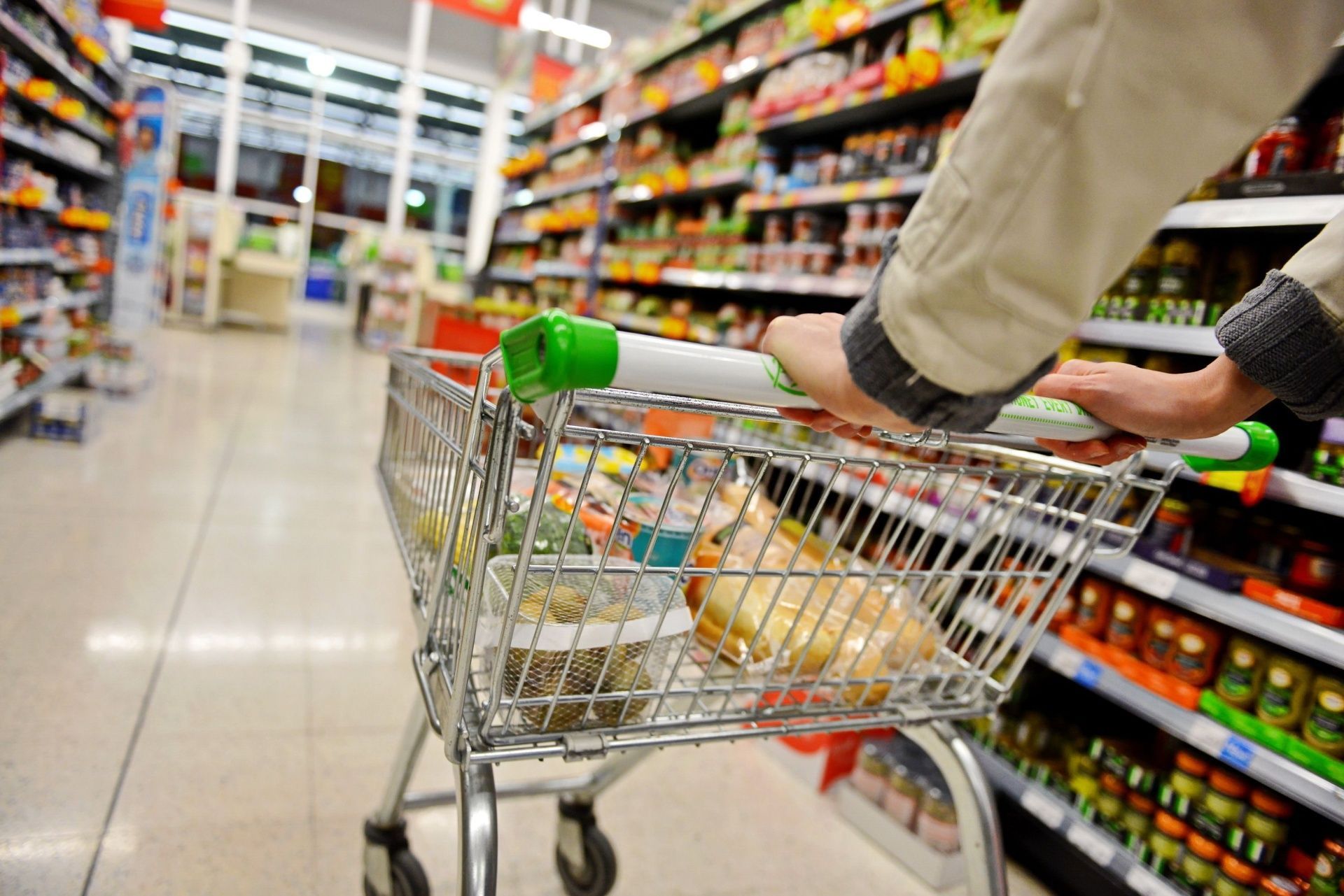 A person is pushing a shopping cart in a grocery store.