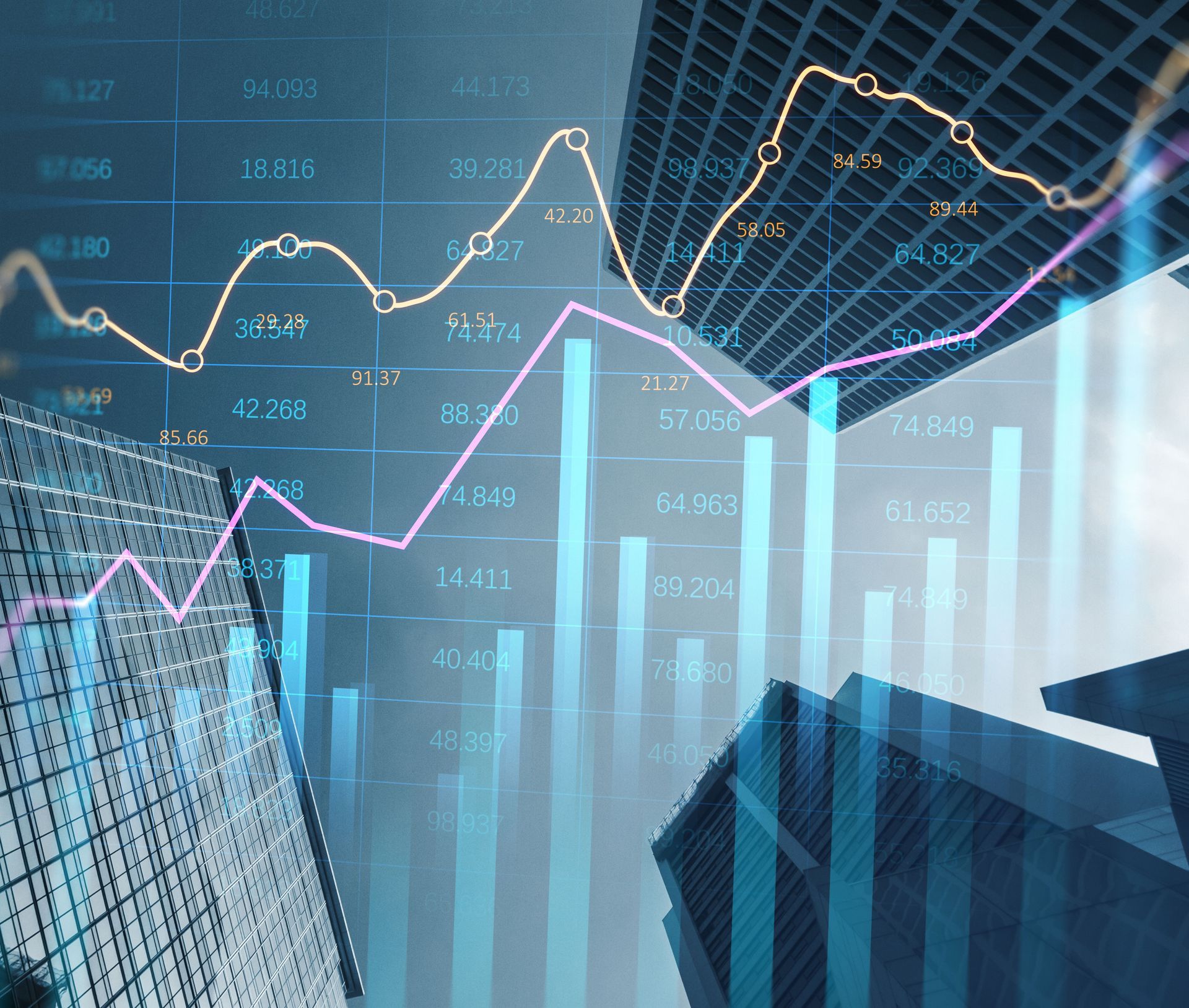 A collage of graphs and numbers with a building in the background