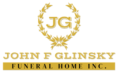 Gold laurel wreath with &ldquo;JG&rdquo; above John F. Glinsky Funeral Home Inc. in gold and black