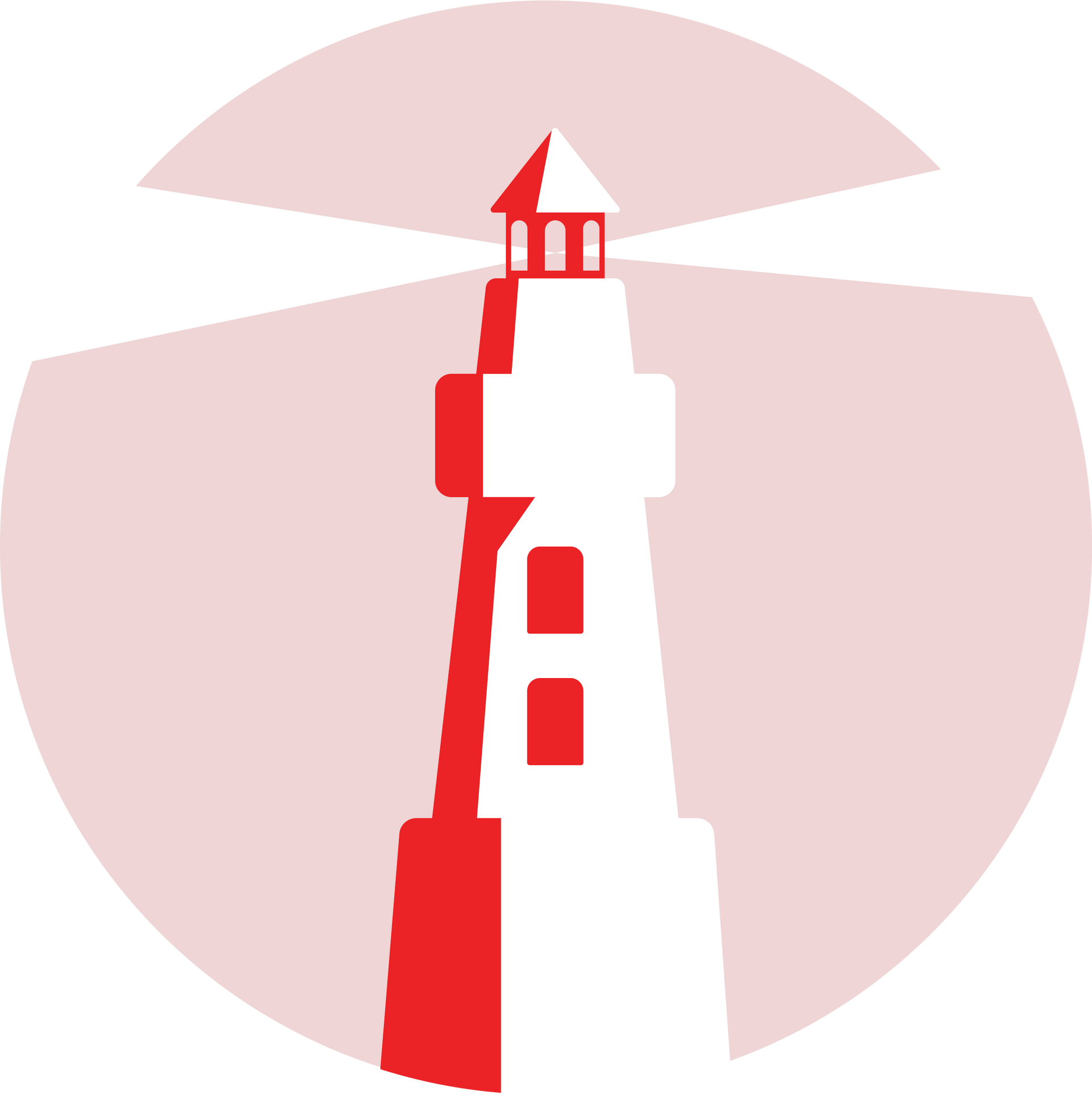 A lighthouse in a circle with the sun behind it