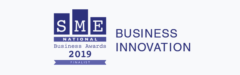 The logo for the sme business innovation awards is blue and white.