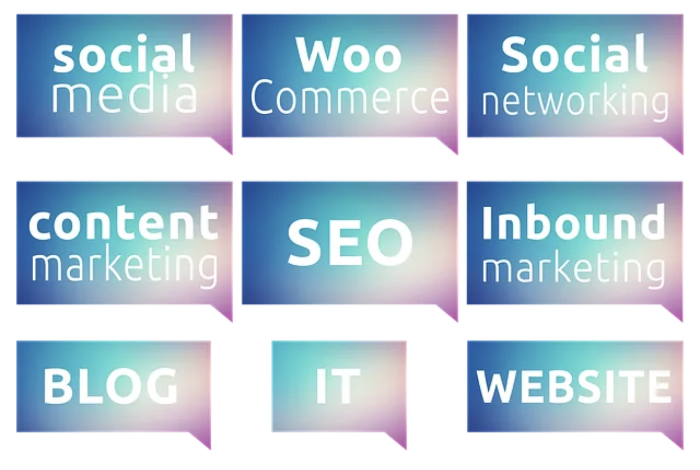 A set of speech bubbles that say social media commerce seo inbound marketing blog it website