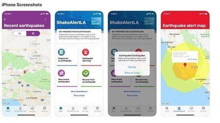 A collage of four screenshots of a earthquake app on a cell phone.