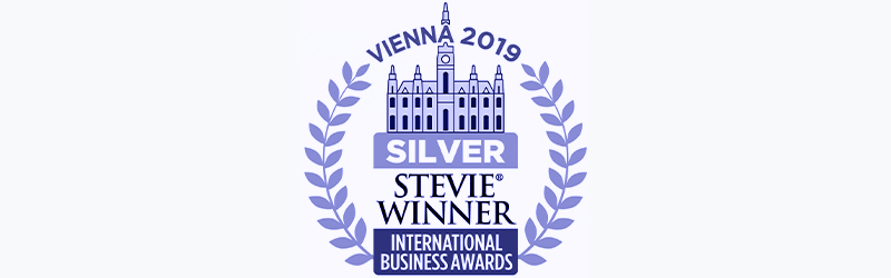 A logo for vienna 2019 silver stevie winner international business awards.