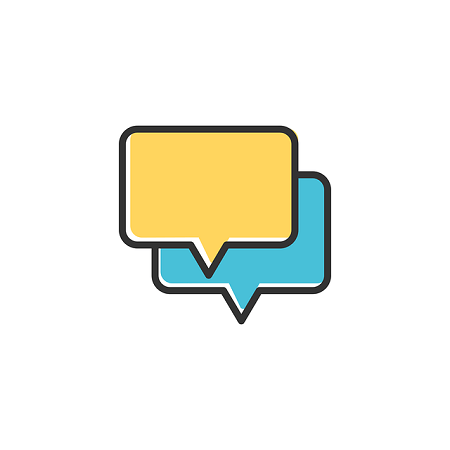 A yellow and blue speech bubble icon on a white background.