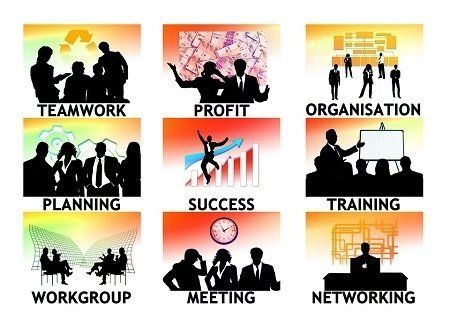 A set of icons with the words teamwork planning profit organization success training workgroup meeting and networking