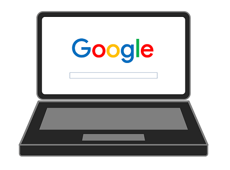 A laptop computer with a google search bar on the screen.