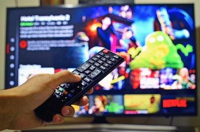 A person is holding a remote control in front of a television.