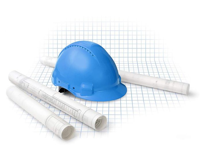 construction drawing blueprints hard hat isolated