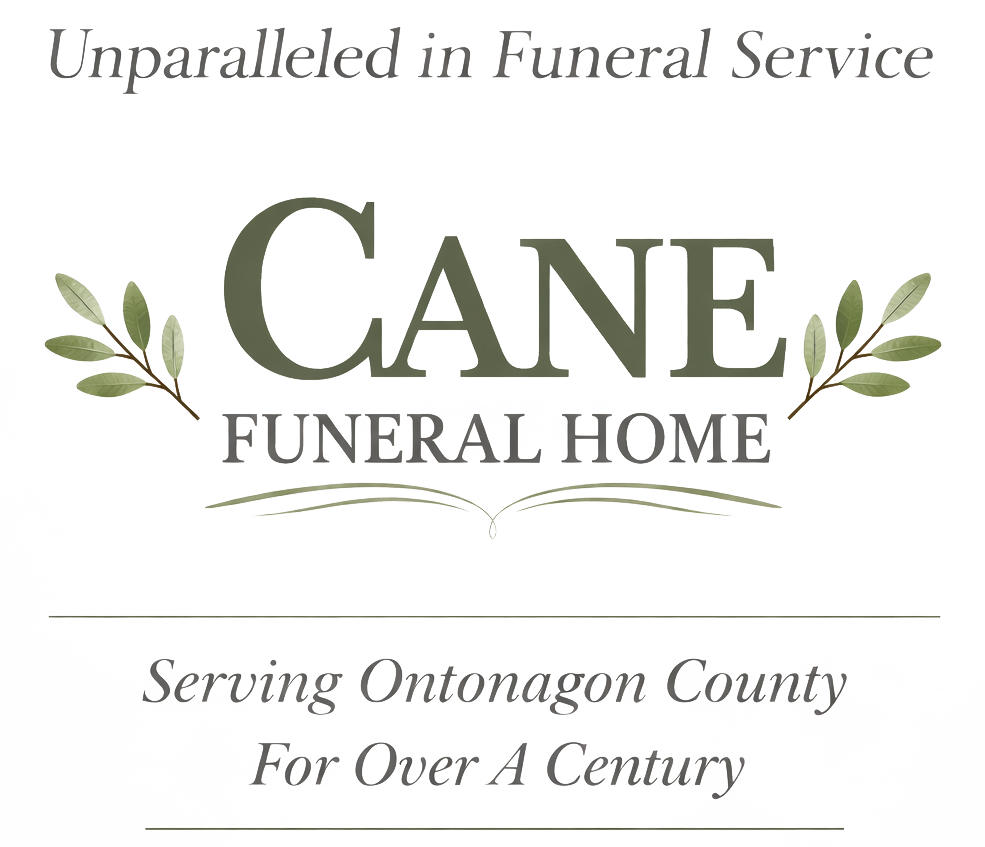 Cane Funeral Home & Cremation Services logo. Gray text, a century of service to Ontonagon County.