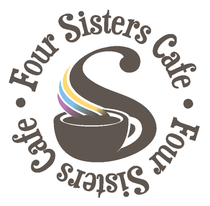 Four Sisters Cafe logo with stylized coffee cup, steam, and circular brown text on white background