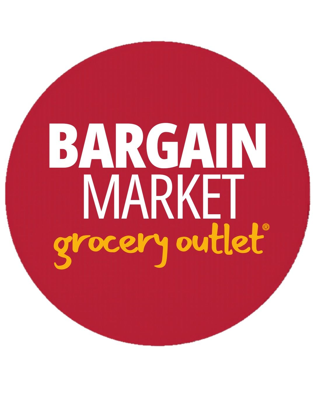Bargain Market grocery outlet logo in a red circle with white and yellow text