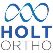 Holt Ortho logo with blue infinity-like emblem and gray text on a white background