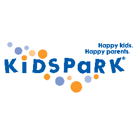 KidsPark logo with blue and orange dots and tagline “Happy kids. Happy parents.”