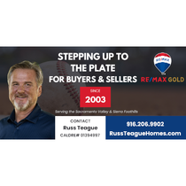 RE/MAX Gold real estate ad with smiling agent, “Stepping Up to the Plate for Buyers & Sellers,” contact info and photo