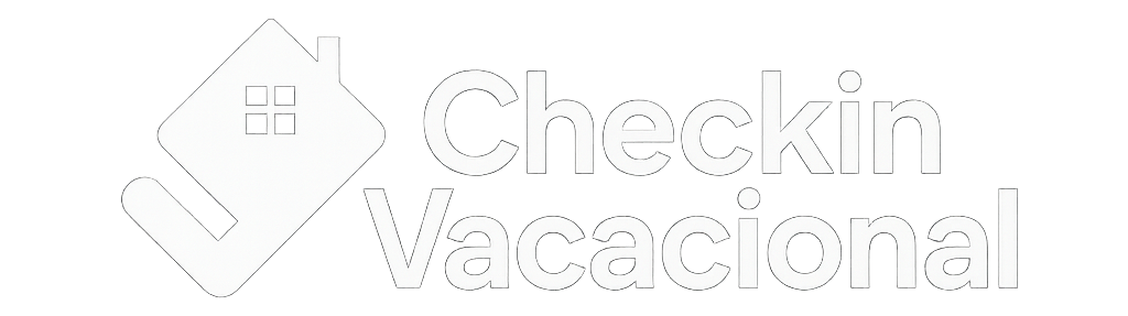 Logotipo para Checkin Vacacional, que presenta el contorno de una casa y un texto.